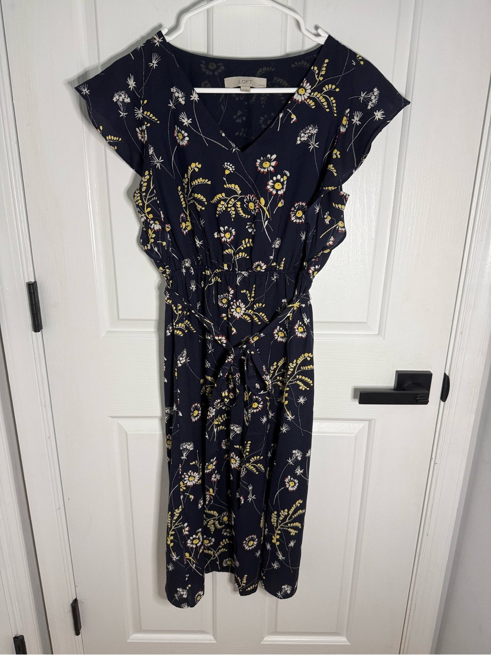 LOFT Navy Floral Belted Midi Dress with Flutter Sleeves